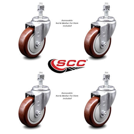 Service Caster 4 Inch Maroon Polyurethane Wheel Swivel 12mm Threaded Stem Caster Set SCC SCC-TS20S414-PPUB-MRN-M1215-4